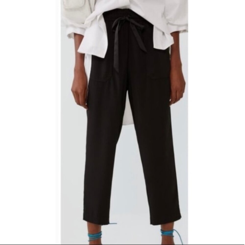 Zara Black Pull on Pants with Ribbon Tie Waist - Size L